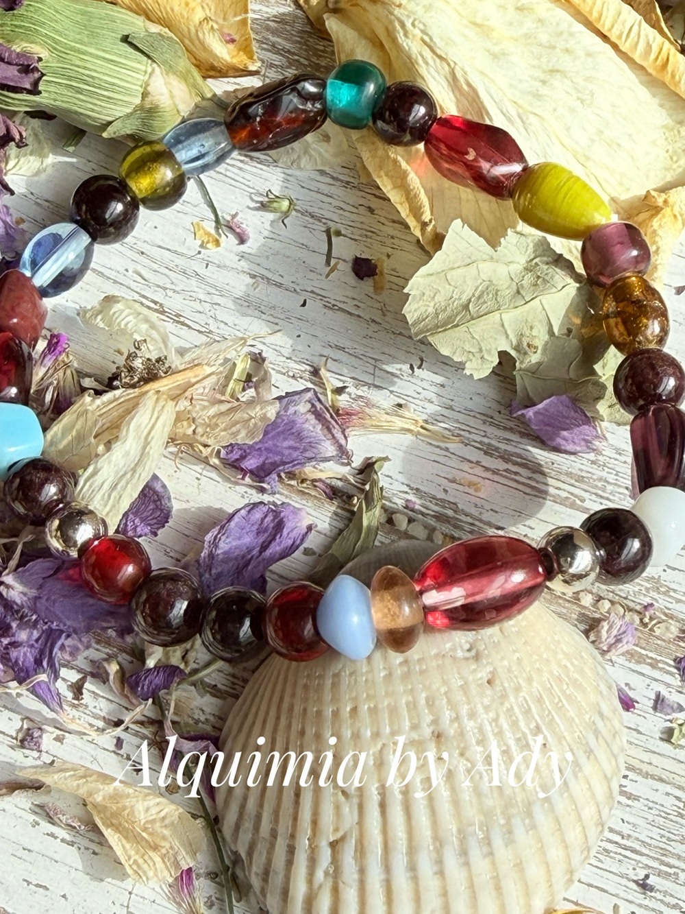 GARNETS + Colorful Glass Bead Bracelet with Red, Blue, Green & Yellow Accents